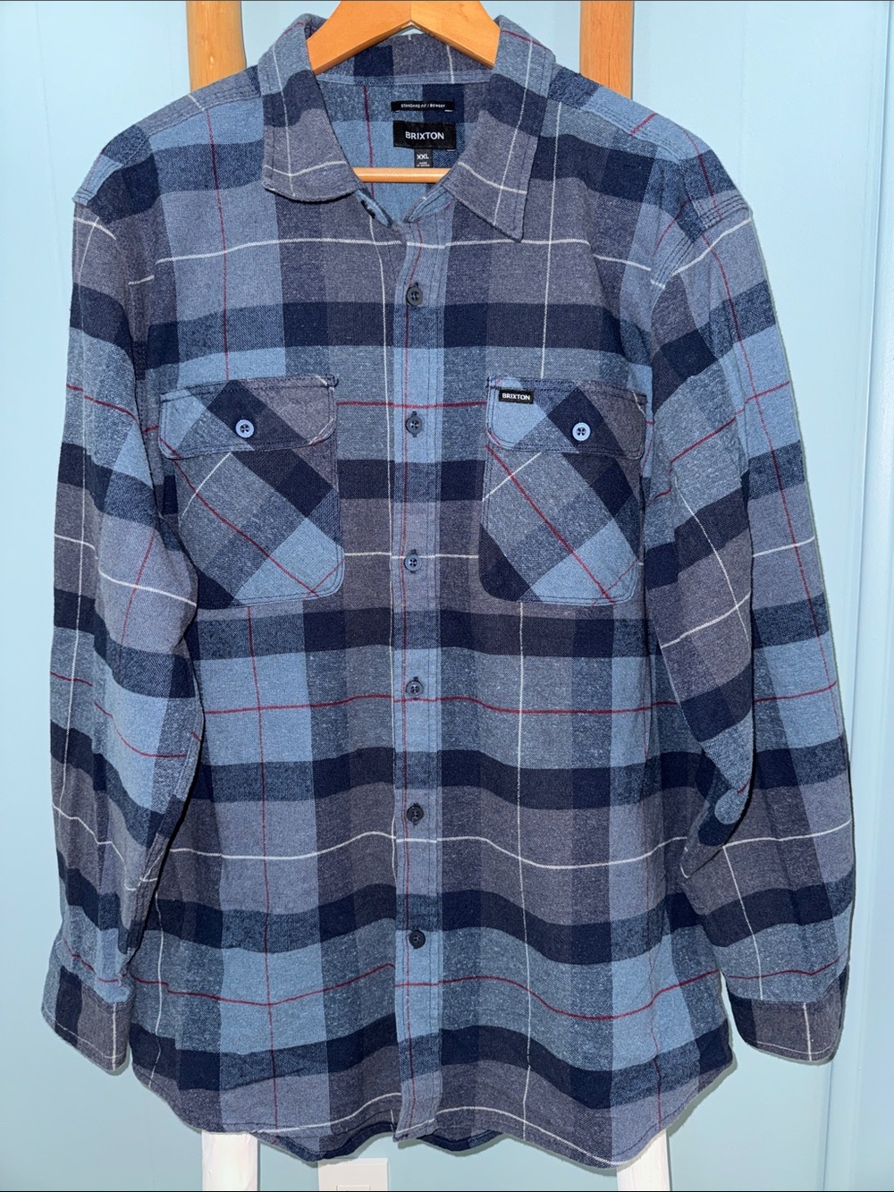 Brixton Bowery Plaid Button-Up Shirt - Blue Gray with Red Accents ~ XXL